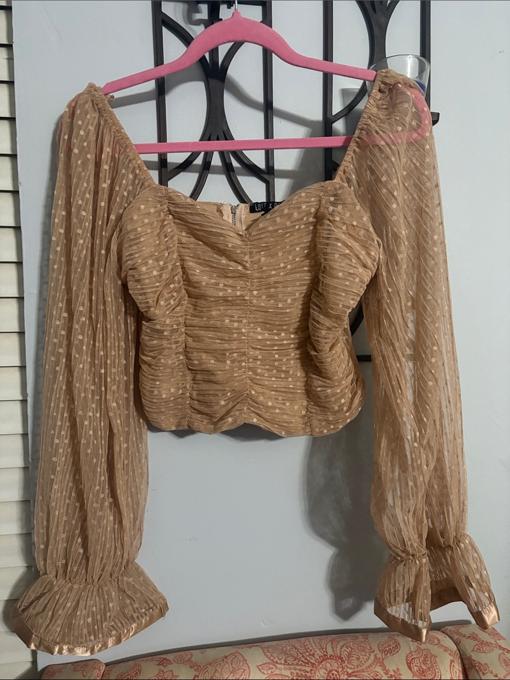 Light Brown Sheer Puff-Sleeve Crop Top